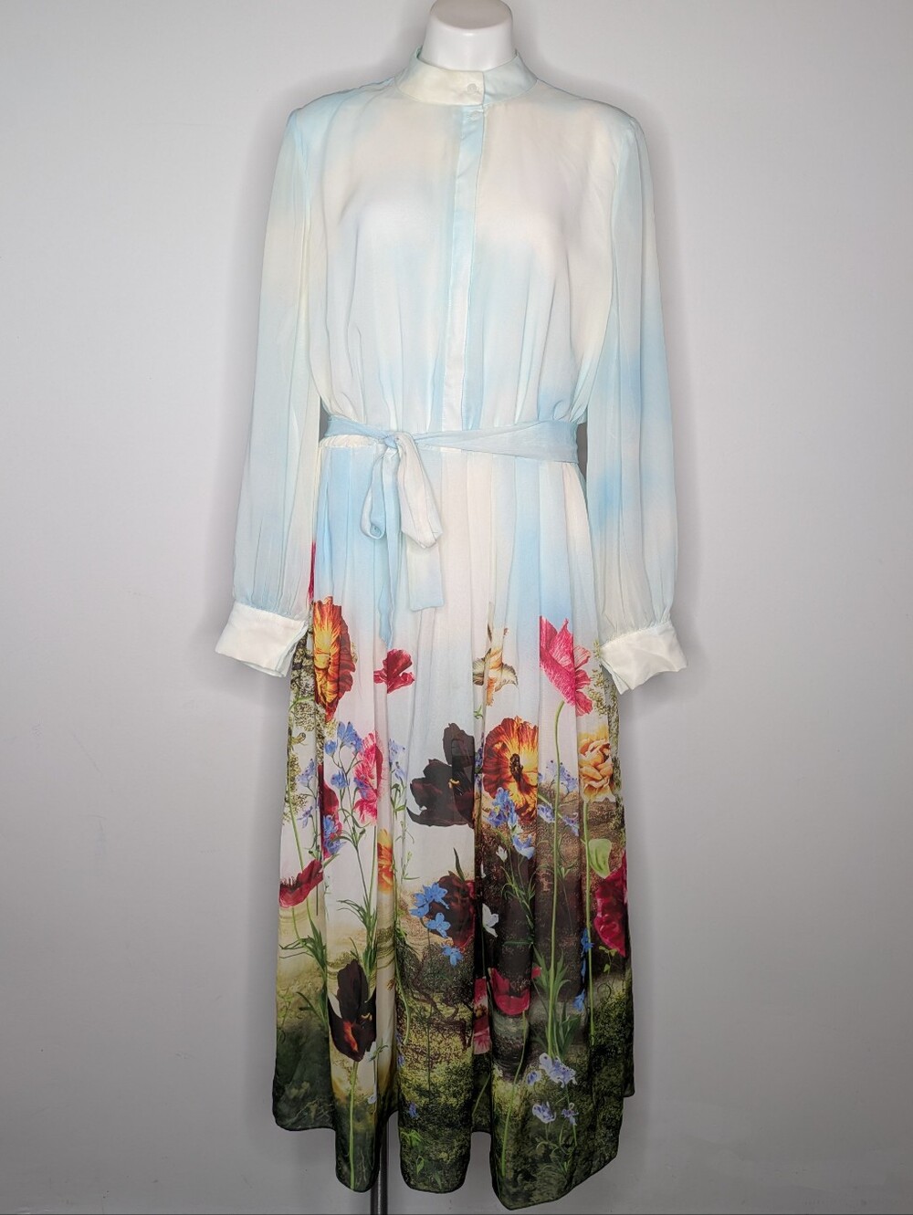 Brydealo Blue White Colorful Floral Chiffon Long Sleeve Tie Waist Dress